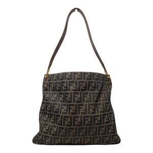Vintage Fendi Zucca Shoulder Bag Hobo Tobacco FF Gold Hardware Brown Black